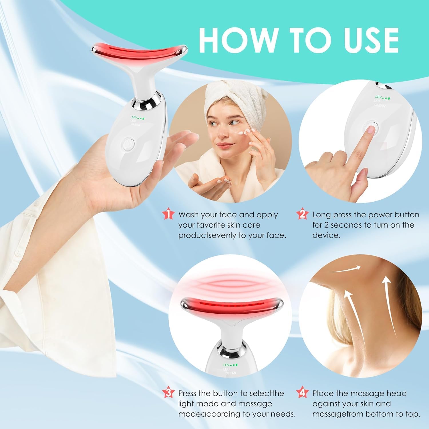 Four-step guide: cleanse, remove the cap, power on, glide across the face